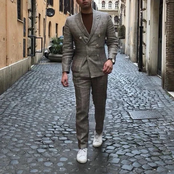 Massimo Dutti Brown Plaid Double-Breasted 100% Linen Suit - Picture 2 of 10